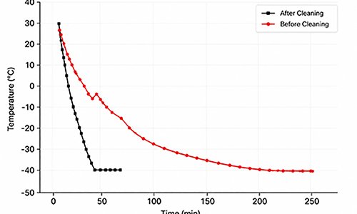 Temperature versus time graph comparing cooling performance before and after equipment cleaning.