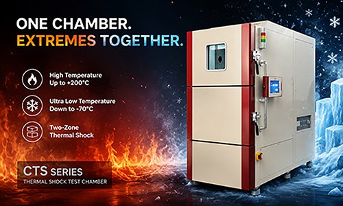 SCICOOLING CTS Series ultra-low temperature two-box thermal shock test chamber for high and low temperature impact testing.