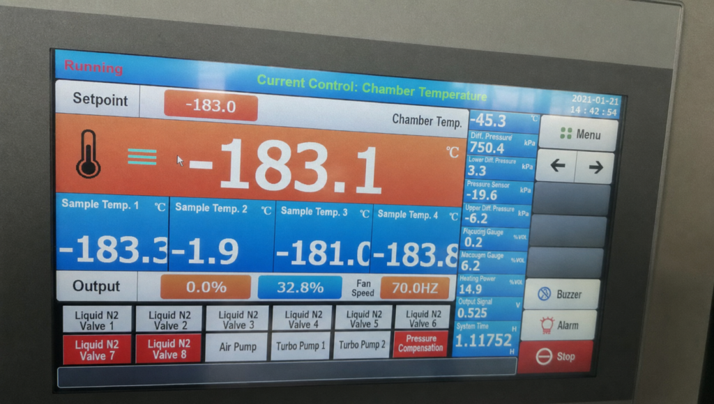 SCICOOLING walk-in liquid nitrogen cryogenic test chamber temperature display showing -183°C operation