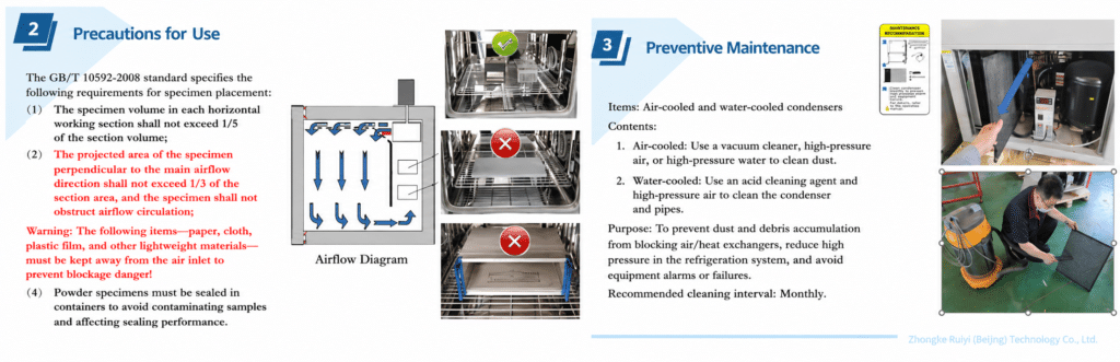 Illustration showing environmental test chamber operation precautions and preventive maintenance procedures