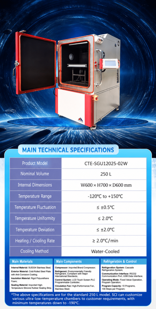 SCI -120°C ultra-low-temperature chamber with technical specification table