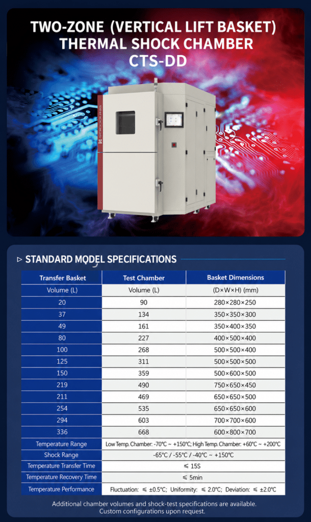 Two-zone vertical thermal shock chamber with model specification table
