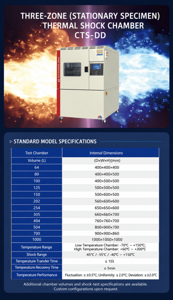 Three-zone thermal shock chamber with model specification table