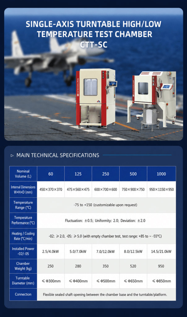 Single-axis rotary-table temperature chamber with specification table