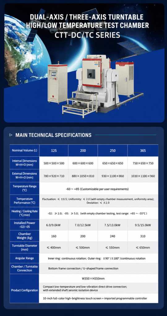 Dual-axis and three-axis rotary-table chamber with technical specifications