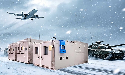 Environmental test chambers pictured with aerospace and defense applications