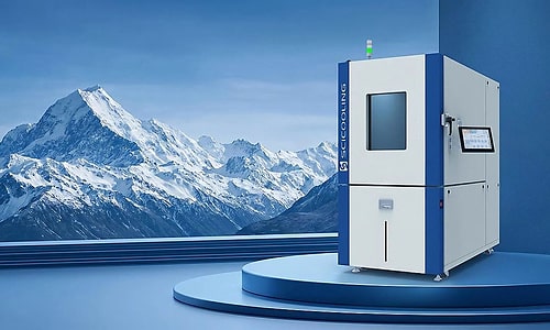 SCICOOLING temperature and humidity chamber against a mountain backdrop
