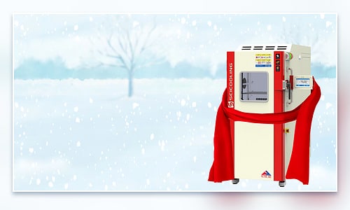 SCI test chamber wrapped in a red scarf against a snowy winter background