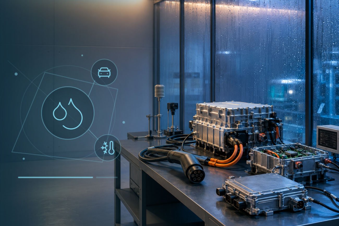 Electric vehicle power electronics exposed to controlled temperature cycling and condensation testing