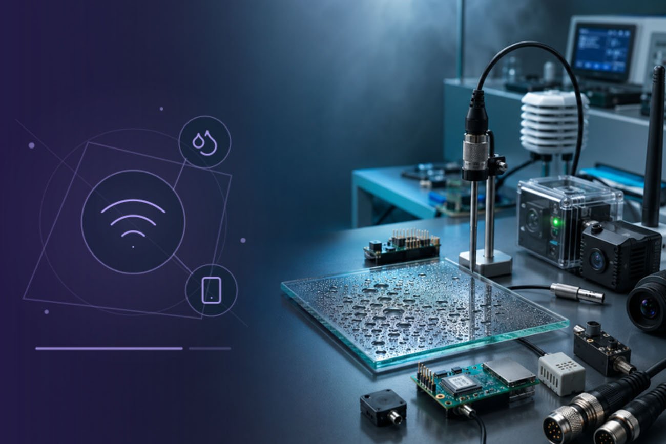 Connected electronic device exposed to controlled condensation inside a humidity chamber