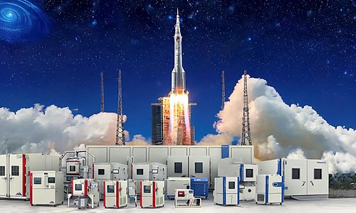 SCI environmental chamber lineup in front of a rocket launch