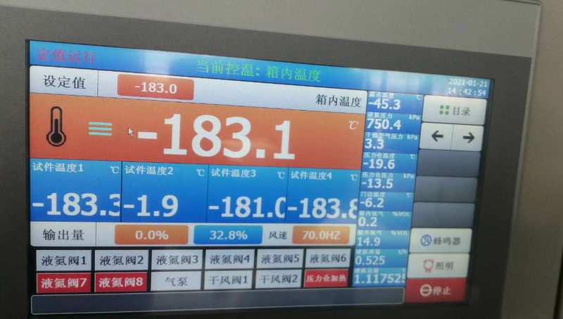 SCICOOLING walk-in liquid nitrogen cryogenic test chamber temperature display showing -183°C operation