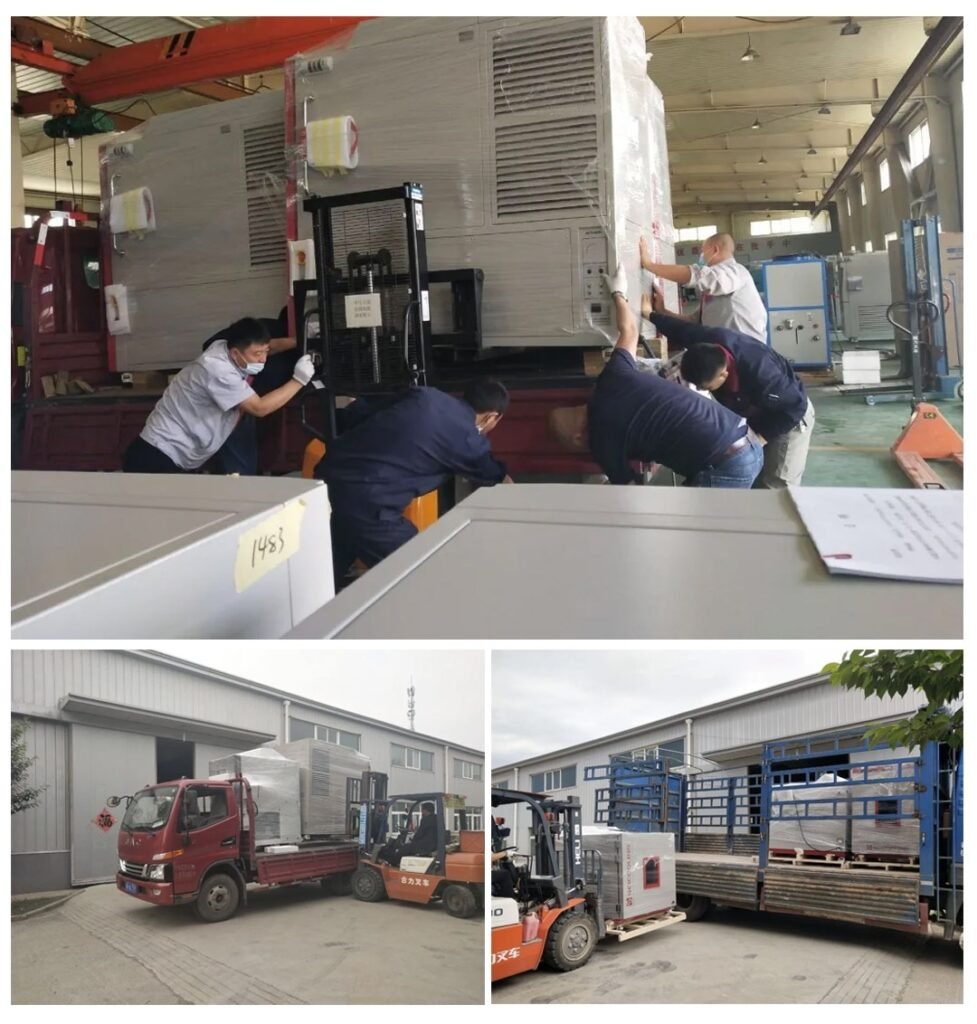 SCICOOLING environmental test equipment being loaded onto trucks for shipment