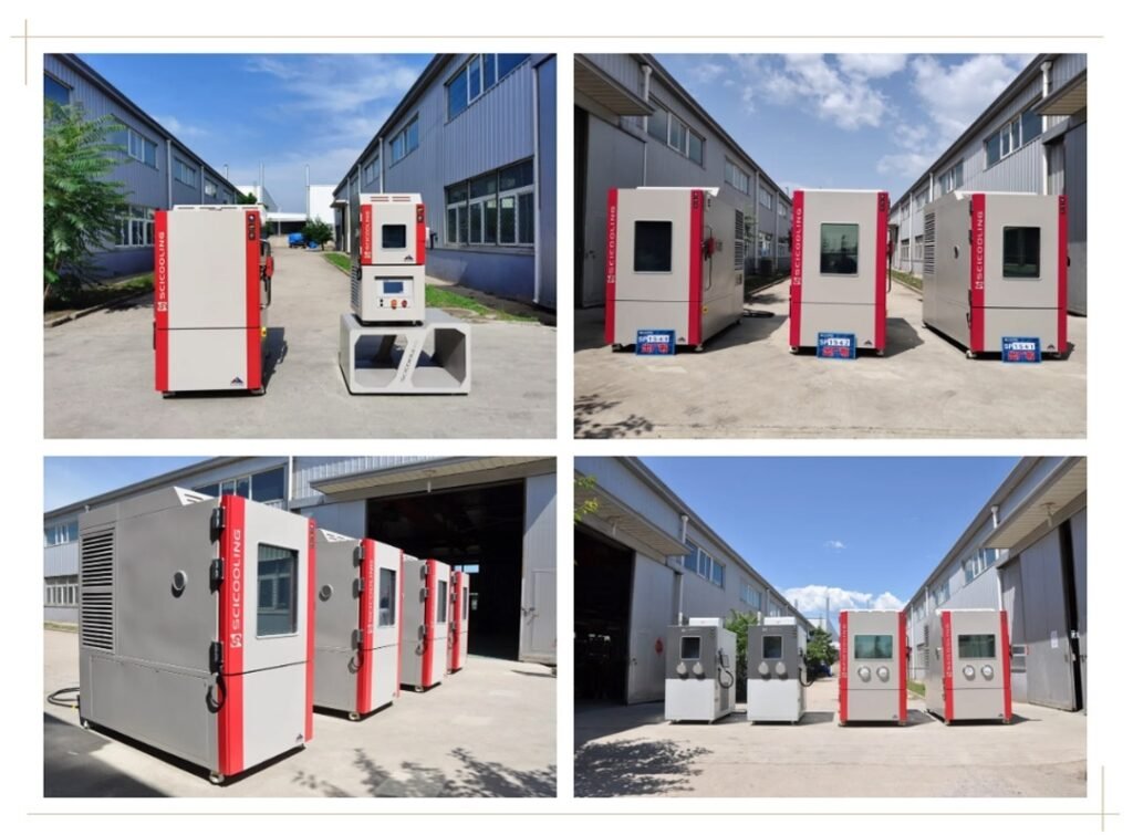 SCICOOLING environmental test chambers displayed outside the factory for inspection and delivery