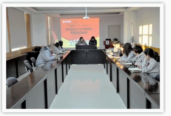 Employees attending a quality management system audit meeting in a conference room.