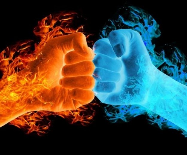 Fire and ice fists representing extreme temperature contrast between heat and cold.
