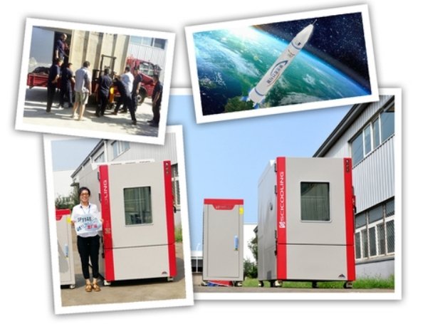 SCICOOLING rapid temperature test chambers displayed outdoors with rocket launch images, representing aerospace environmental testing applications.