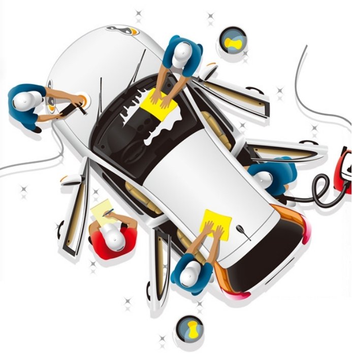 Top-view illustration of workers cleaning and maintaining a white vehicle.