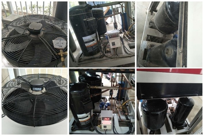 Before and after comparison of an environmental test equipment unit showing cleaned and maintained internal components.