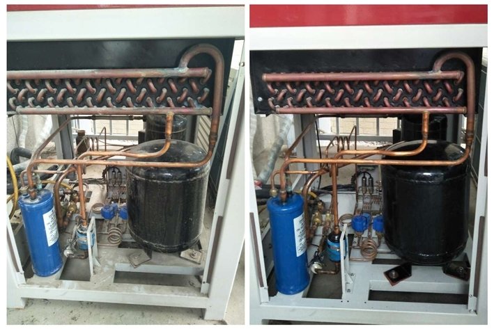 Before and after comparison of an environmental test equipment unit showing cleaned and maintained internal components.