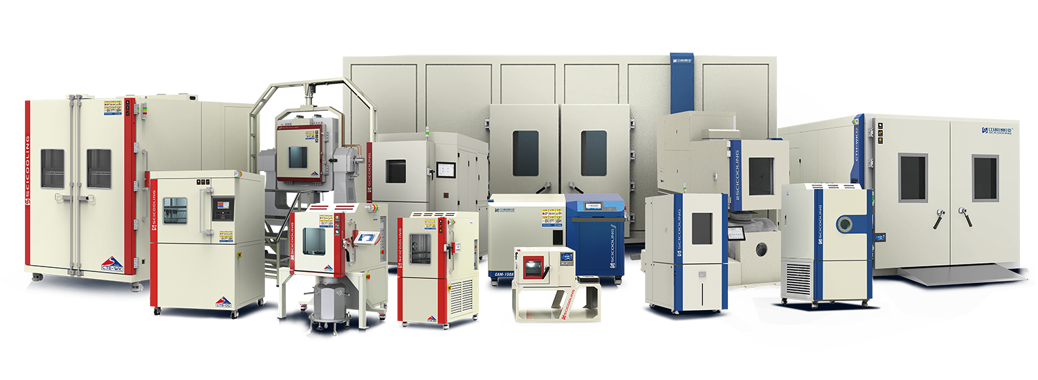 SCICOOLING environmental test chamber product family including temperature, humidity, thermal shock, altitude and walk-in chambers