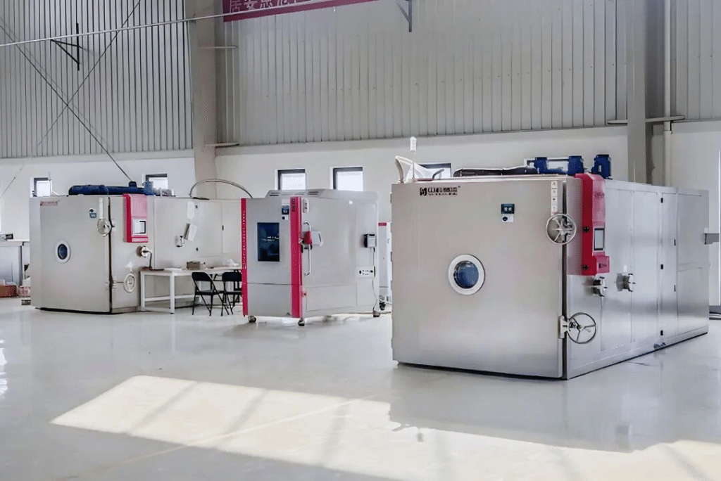 SCICOOLING environmental test chambers displayed in a manufacturing workshop.