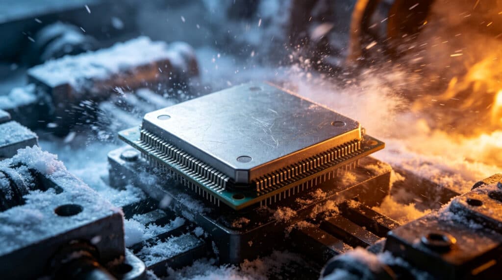 Semiconductor chip undergoing extreme temperature reliability testing