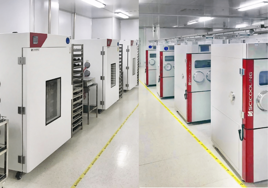 Rows of SCI environmental chambers in an optoelectronic component testing laboratory