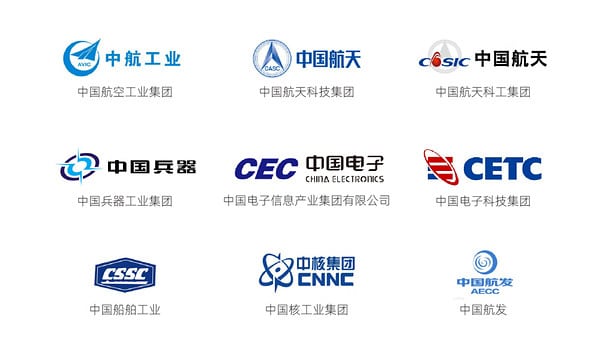 Logos of major Chinese aerospace, high-reliability, electronics and nuclear organizations