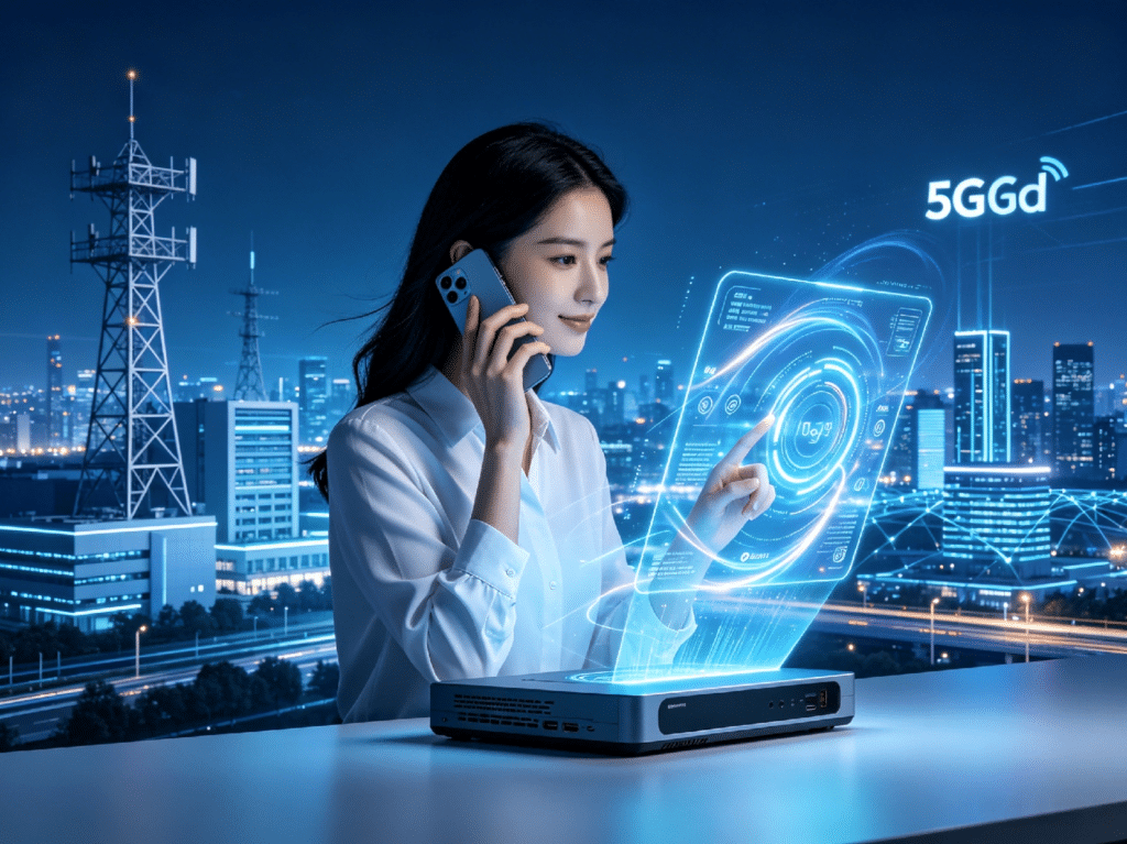 5G communications concept with a smartphone, base station and connected city