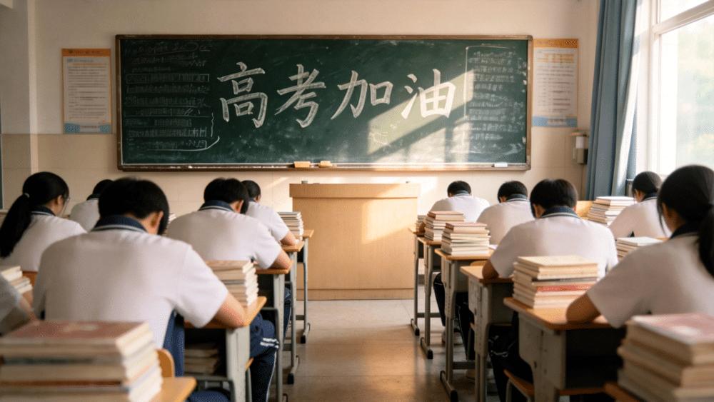 Students taking an examination in a classroom with encouragement on the chalkboard