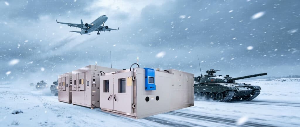 Large SCI environmental chamber pictured with aircraft and armored vehicle imagery