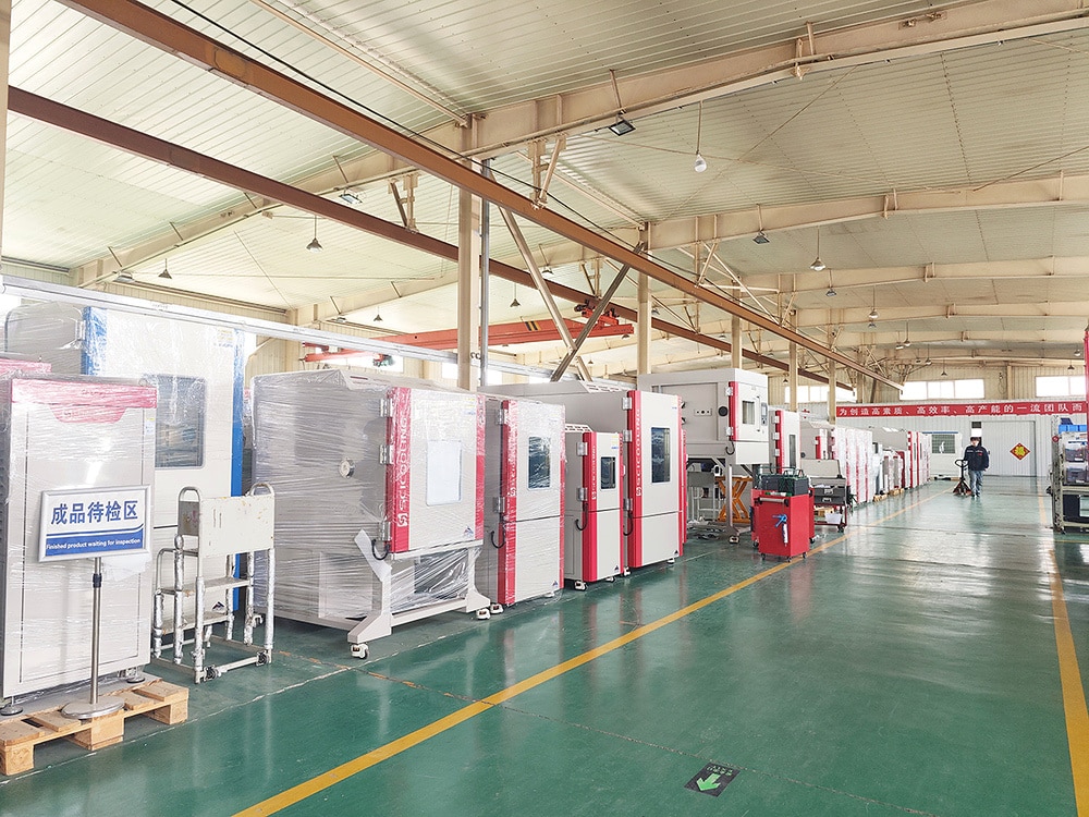 Rows of wrapped and completed SCI chambers in the finished-goods inspection area