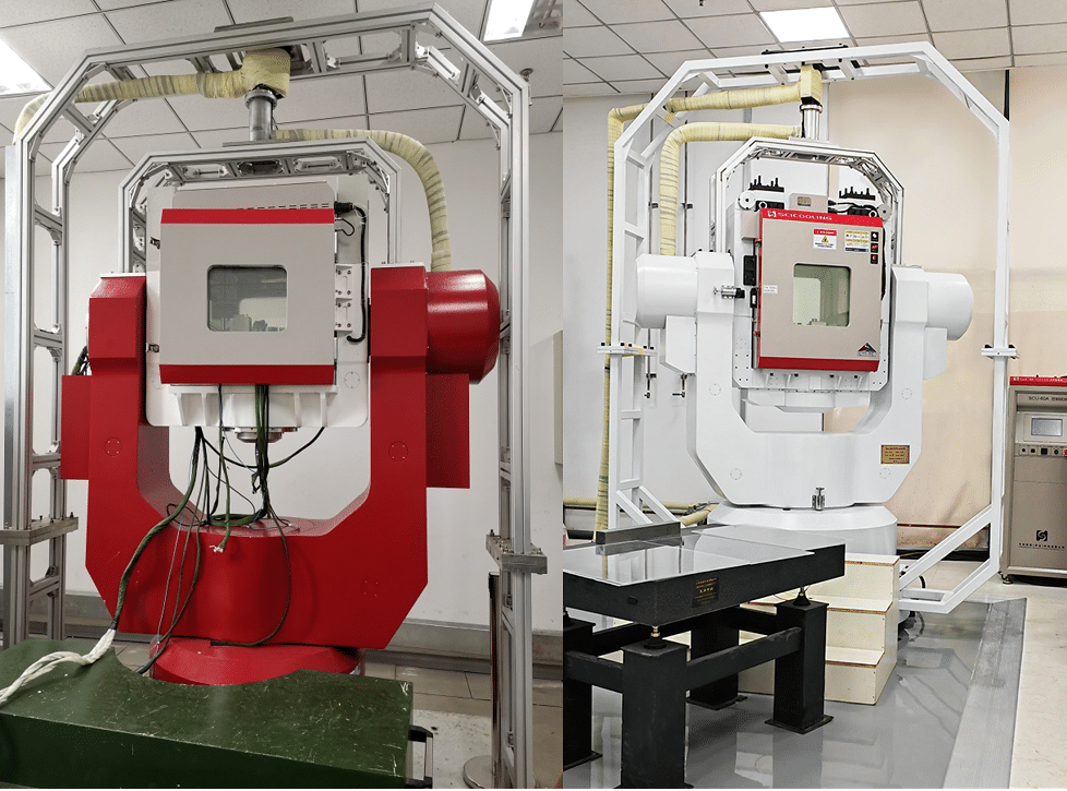 Temperature chamber integrated with a three-axis rotary table