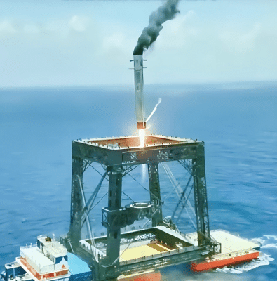 Recovered rocket stage standing on an offshore landing platform
