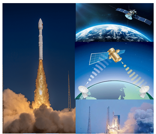 Rocket, satellite and ground-station graphic representing the commercial space value chain