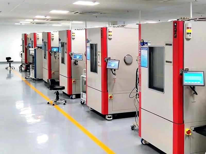 Row of SCI temperature chambers in an aerospace test laboratory