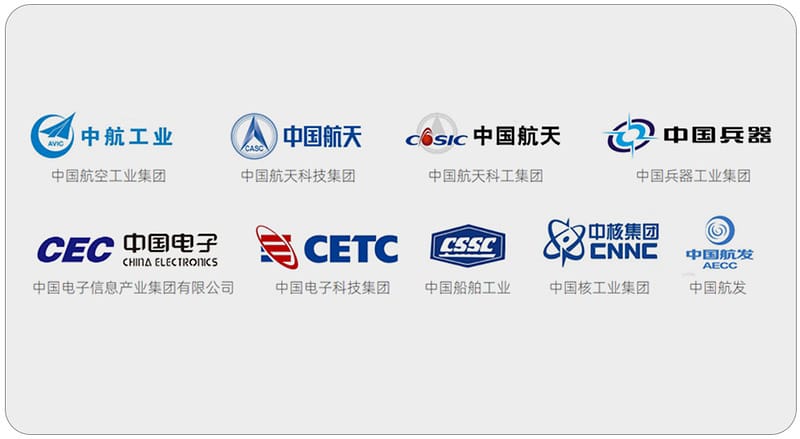 Logos of major Chinese aerospace, electronics, shipbuilding and high-reliability organizations