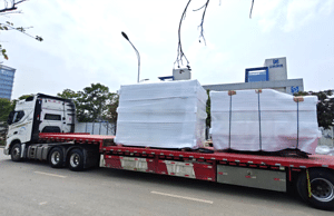 Wrapped SCI chambers secured to a long flatbed truck