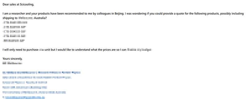 Screenshot of an overseas customer's quotation request for SCI test chambers