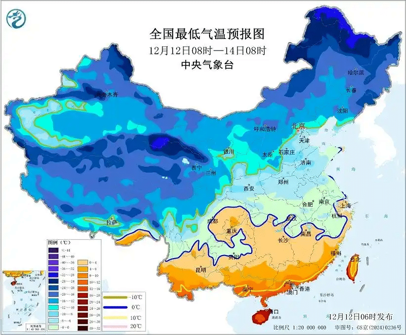 China minimum-temperature forecast map for a widespread cold wave