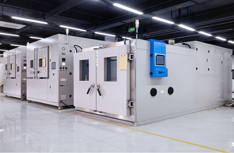 Row of environmental chambers in a private military testing laboratory