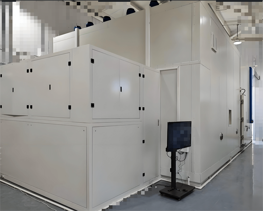 Side view of a large walk-in environmental chamber and access door