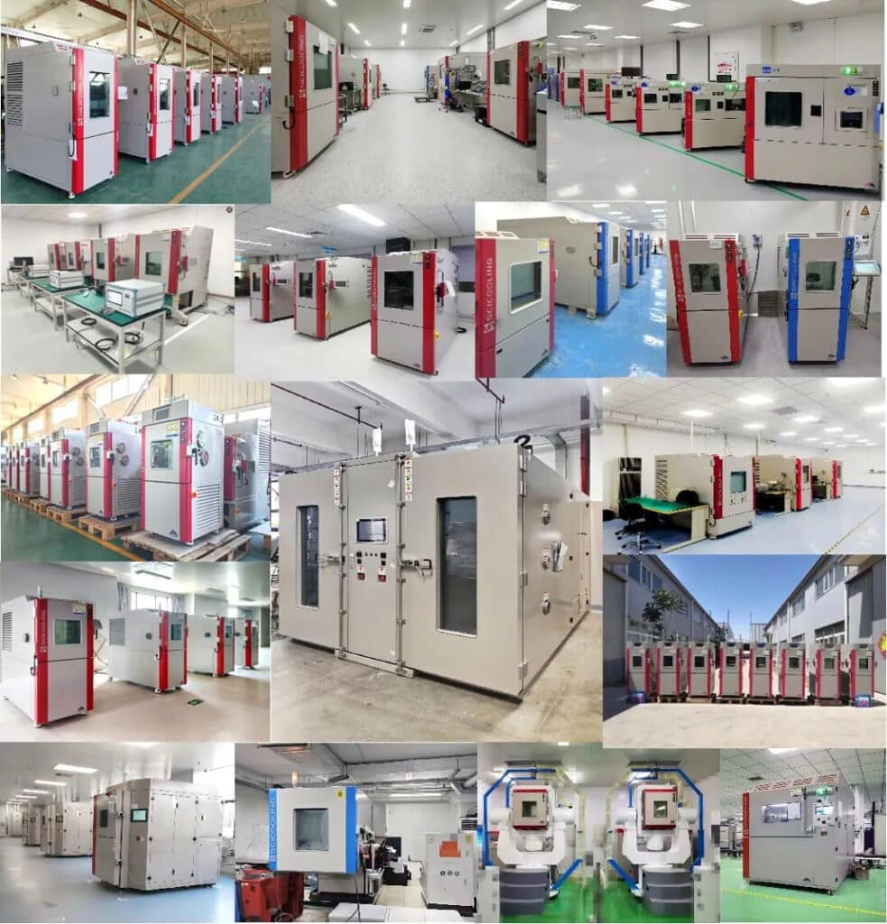Collage of environmental chamber installations in semiconductor laboratories