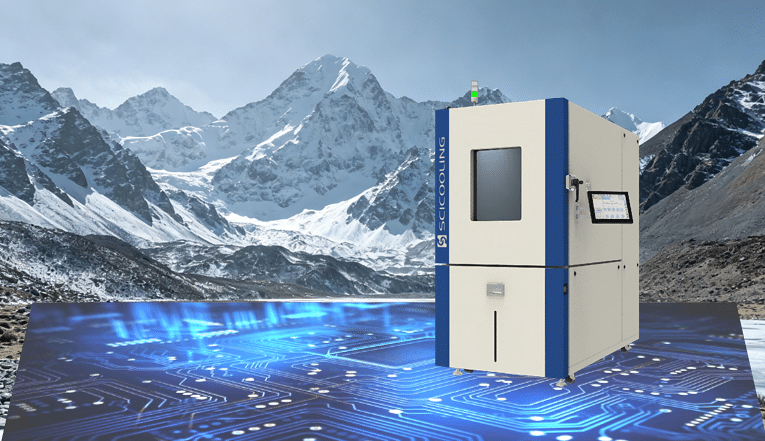 Temperature and humidity chamber pictured with mountains and electronics