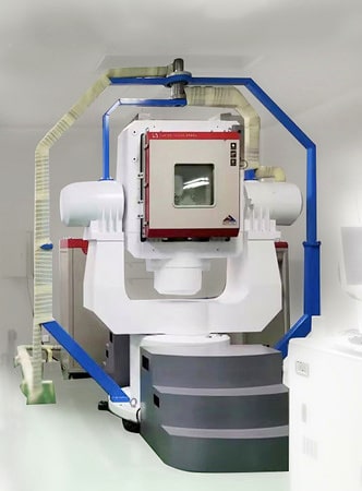 Front view of a multi-axis rotary chamber with an external support frame